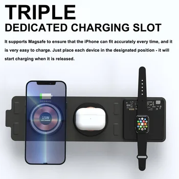 30 W, 3 в 1 Магнитно Безжично Зарядно Устройство Сгъваема поставка за iPhone 14 13 12 11 Pro Qi Бързо зарядно устройство ще захранване на Зарядно за Apple Watch / AirPods