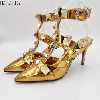 HALALEY/летни луксозни Сандали с остри пръсти и големи Нитове, класически сватбени обувки на Висок ток, 4, 6, 8, 10 см, обувки на висок ток с Нитове, 44