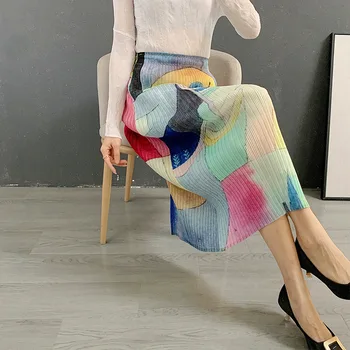 Miyake дизайнерски дамски плиссированная пола с принтом, новата пролетно права пола трапецовидна форма, темпераментен ежедневни дълга пола