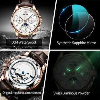 OUPINKE Мъжки Часовници Механични Луксозни Автоматични Часовници Кожени Сапфировые Водоустойчиви Спортни Ръчни Часовници С Фазата на Луната Montre homme