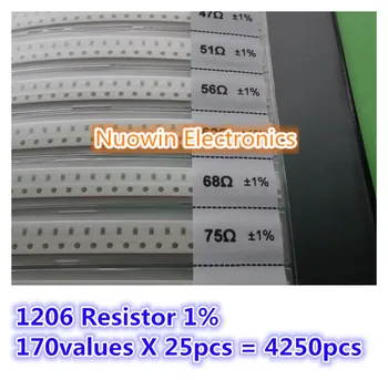 SMD 1206 Проба резистора Книга 1% Допускане 170 стойности на x 25 бр. = 4250 бр. Комплект резистори 0R ~ 10 М 0R-10 М