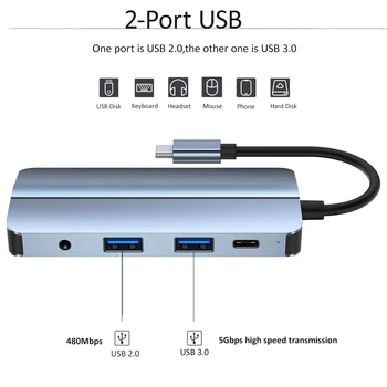 Tebe 8 В 1 C USB Хъб Type-c до 4K, HDMI-VGA адаптер USB SD/TF Четец на карти Сплитер с 3.5 мм аудио 100 W PD Бързо зареждане