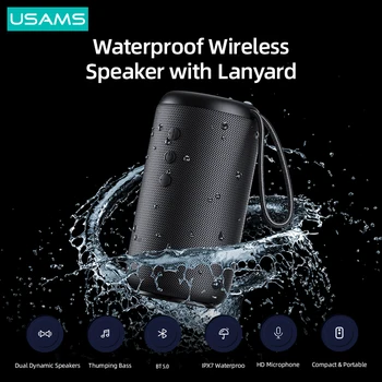 USAMS Преносими Външни Непромокаеми Безжични Bluetooth Високоговорители IPX7 С Каишка, Външен Говорител, Музикален Съраунд Бас Микрофон