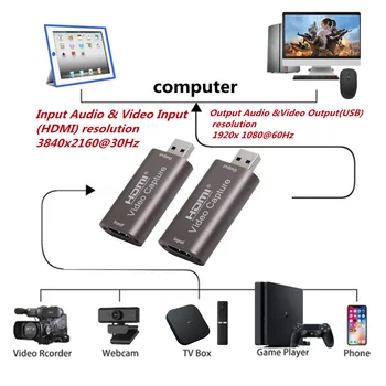 USB 3.0 4 ДО 60 Hz Карта заснемане на видео HDMI-съвместим Видеозахват Кутия за Записване за PS4 Игри, DVD Видеокамера Запис на Камера в реално Време