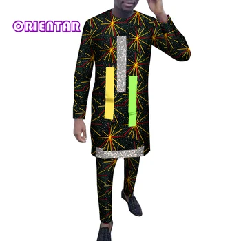 Африканска дрехи Мъжки Комплект с Принтом Дълга Риза + Панталон На поръчка Анкара Модерен Мъжки Костюми на Младоженеца Африканска Облекло Вечерни WYN1554