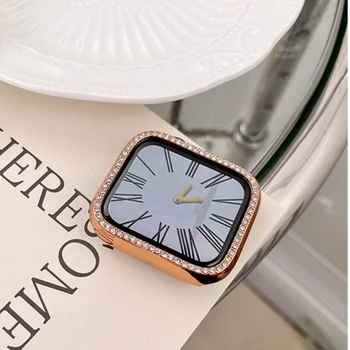 Блестящото стъкло + Калъф За Apple Watch Case 45 мм 41 мм 44 мм 40 мм 42 мм 38 мм Diamond Броня + Защитно фолио за екрана iwatch Series 7 3 4 5 6 SE