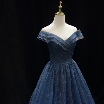 Вечерна рокля в тъмно синьо с открити Рамене, Къс Ръкав, Трапецовидна форма, с дължина до пода, дантела, Големи размери, Дамски официални Рокли B2205