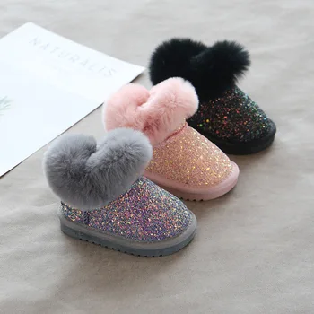 Детски зимни обувки от 0 до 10 Години за малки Розови Момичета, Детски зимни обувки, Топли Плюшени Модни Къси Ботуши под формата наметала, черен, Сив