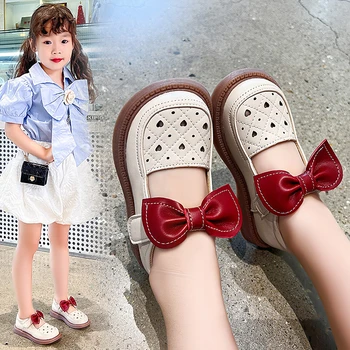 Детски обувки Выдалбливают Дишаща Свободно време Бежови Кожени Обувки Kdi Принцеса с Червен Нос 2022 Момиче Телесен Цвят Bootie Обувки Детски Обувки