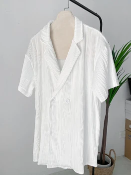 [ИАЛ] Женска Бяла Плиссированная Елегантна Блуза с Голям Размер, Нова Риза Свободно Намаляване С ревери и Къс Ръкав, Модерен Прилив, Пролет-Лято 2023 1DF0381