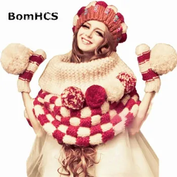 Капачка BomHCS + Шал + Ръкавици Ръчно Плетени, Мека Топла Зимна Шапка от дебели нишки, Наметало-Ръкавици без пръсти с Големи Цветни pom-помераните