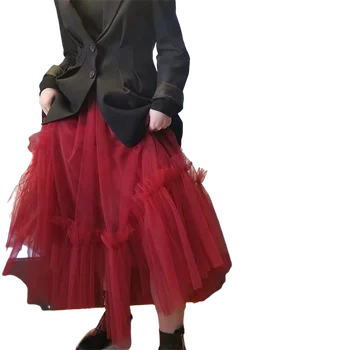 Корейски Модни Мрежести Дамски Поли Разтеглив С Висока Талия Гофрирани Много Нива Тюлевые Плисирани Поли Макси Faldas Mujer Moda Фея Гръндж