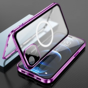 Луксозен Метален Магнитен Калъф за iPhone 14 13 12 11 Pro Max Magsafe Безжична зареждане запечатан Стъклен защитен калъф за предотвратяване на падане