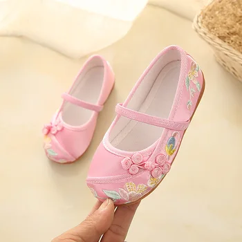 Обувки с бродерия в национален стил, китайски обувки от памучен плат, детски обувки на плоска подметка с мека подметка, обувки Принцеси за момичета, обувки за изпълнения