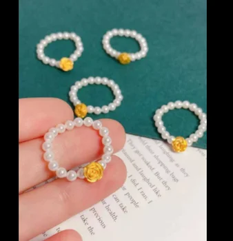 пръстени от чисто 24-каратово злато розови пръстени с перли пръстен от истинско злато, проба 999 пръстен с цвете еластични пръстени, подарък за жени