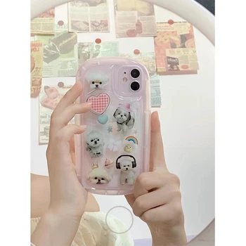 Розово Сладко Куче Корейски Калъфи за Телефони NS за iPhone 11 12 13 14 Pro Max X XR XS Y2K устойчив на удари Пълно Покритие Прозрачен Мек Калъф
