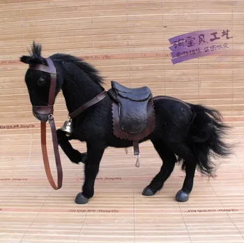 скъпа имитативната играчка-кон от полиетилен и кожа, черен модел на кон със седло, подарък от около 24x6x20 см 1431