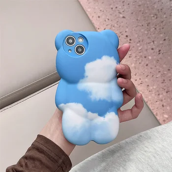 Уважаеми Облак на Небето-Синьо Карикатура на Ухото 3D Мечка мек калъф за iphone 13 12 11 Pro Max X XR XS Япония прекрасен Обектив Защитно делото